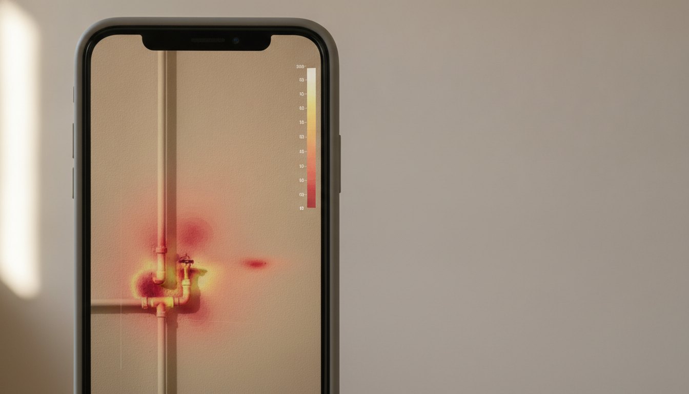 Tela de smartphone exibindo um mapa de calor sobre a imagem de uma parede interna.