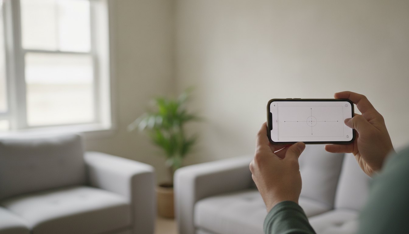 Pessoa segurando um smartphone com aplicativo de medição aberto apontado para a parede da sala.